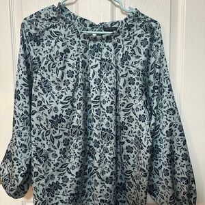Ann Taylor Medium Long Sleeve Ruffle Collar Light Blue Silky Textured Blouse